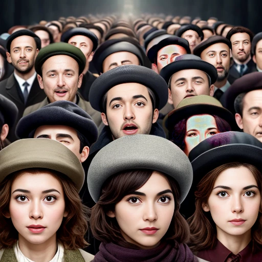 a crowd of jew, camera on characters faces and 4k image