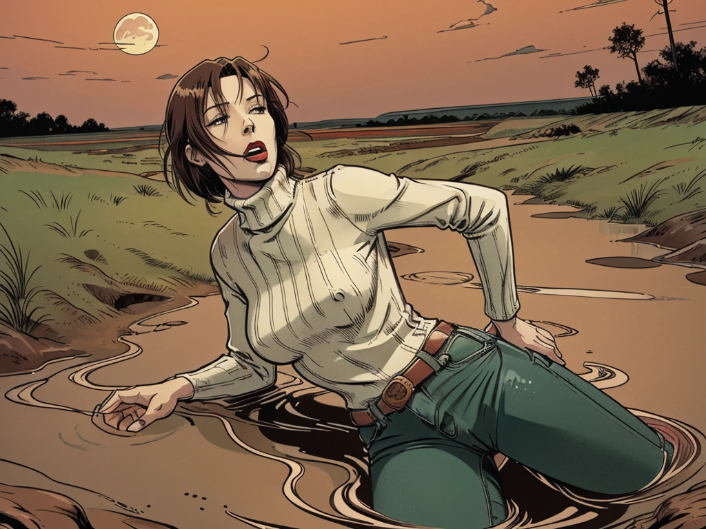 vector image, anime, mature  woman, gloomy orgasm, turtleneck and jeans, drowning in the middle of quicksand bog, green,red,sky, red lips, turns around, provocative photo session