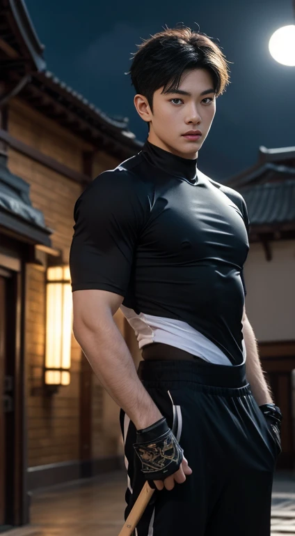 A asian boy like Cat Noir,19 years old, handsome, Full Body Shoot, Short Quiff hairstyle, (eyes contact), look at camera, detailed facial parts, Manly, with a muscular constitution :: high detail, is in Under Armour compression top, holding his weapon magical staff, moon background, surreal, fantasy, magical, intricate details, (dynamic upper body posture: 1.1), depth of field. Best quality, masterpiece, ultra high resolution, (anime realism, photorealistic: 1.4), perfect composition, centered, symmetry
