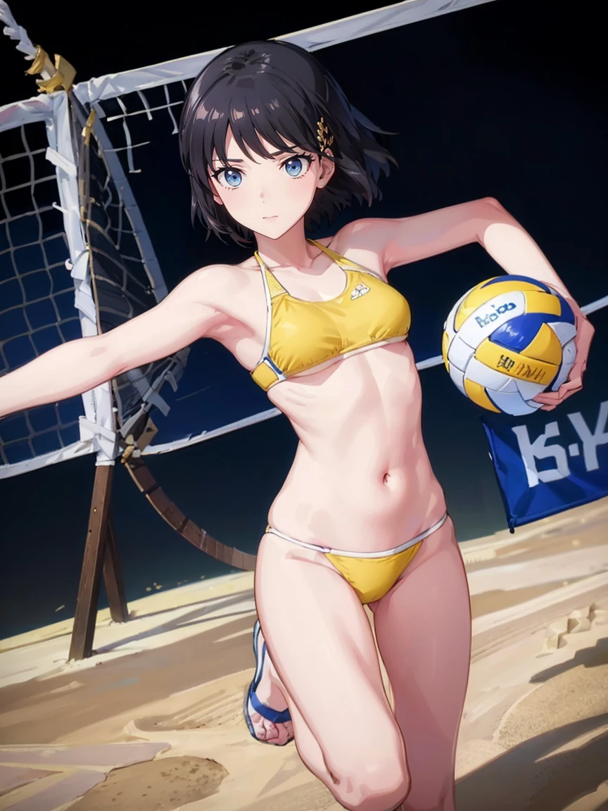 One Woman,Full body photo, Best image quality, high quality, The background is clear,Beautiful woman, Japanese, detailed, detailed eyes, detailed skin, Beautiful Skin, 超High resolution, (reality: 1.4),Very beautiful woman, A little younger face, Beautiful Skin, thin, (Ultra-photorealism), (High resolution), (8k), (非常にdetailed) (Beautiful and detailed eyes), (非常にdetailed), (detailed face), Displaying the viewer, Fine details, detailed face, Staring straight ahead, Staring straight ahead, Photo Real, Baby Face,,Hairstyle: short hair,forehead,smile,(((Yellow Bikini,)))(Flat chested,)(体がthin,)smile,(((Beach Volleyball、)))、