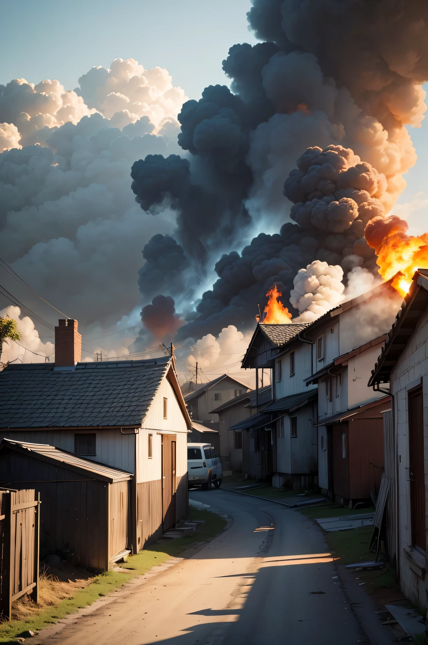 A burning house in the background, stock.