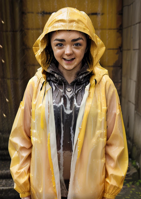 (Yellow Rain Jacket, baggy clothes:1.3) (hood:1.3)  (wet:1.3) to walk, Laughing, Mouth open,dressed, eyes are open, three-quarter portrait:1.3, Eyeliner, smile, white body, young, nipples, standing, back view, naked torso, pussy, ass, smiling, bending over, wet body 