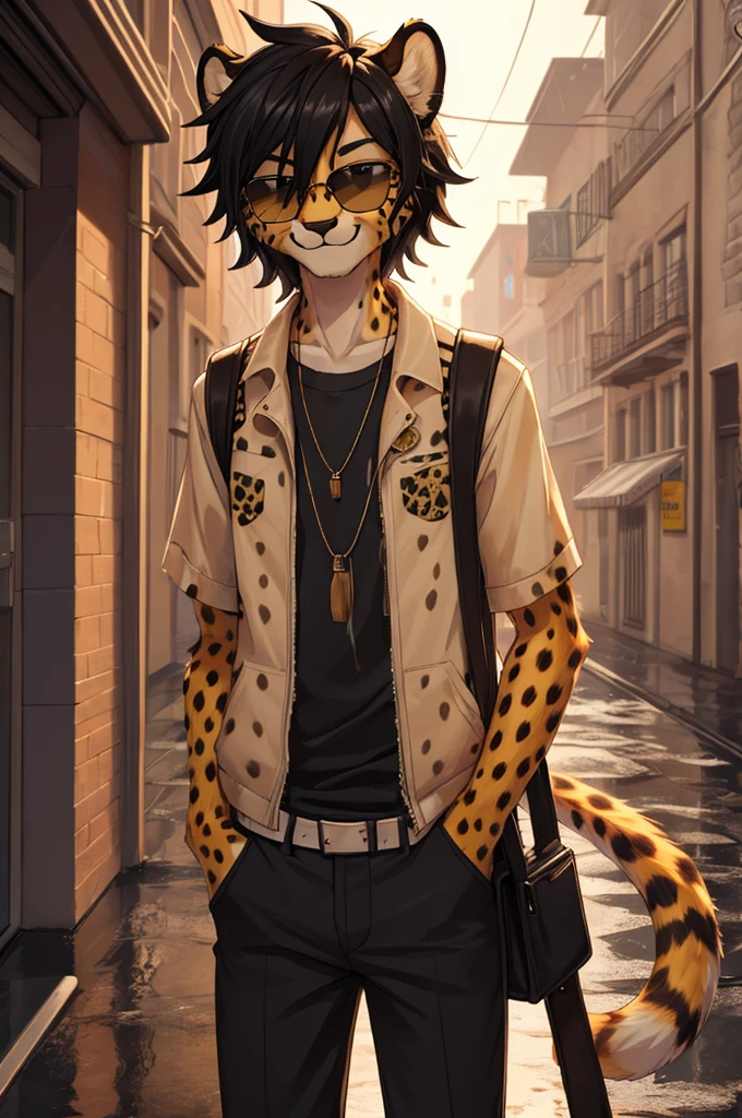 Cheetah, antro, male, solo, non-human, informal clothes, Rain, younger, 20 years old, taller, messy hair, cheetah face, slim body, cheetah tail, sun glasses, black hair, little smile, furry, femboy, girly,