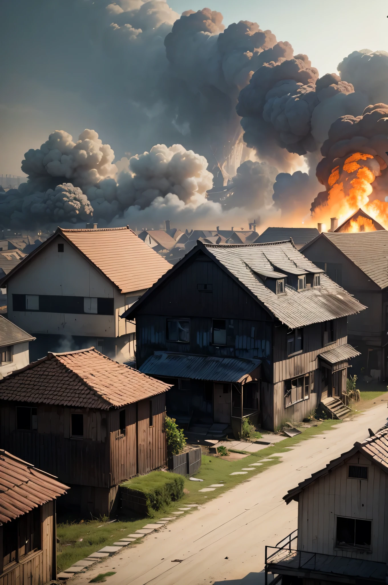 A burning house in the background, stock.