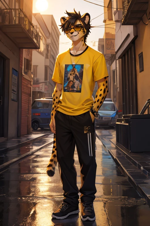 Cheetah, antro, male, solo, non-human, street clothes, Rain, younger, 20 years old, taller, messy hair, cheetah face, slim body, cheetah tail, sun glasses, black hair, little smile, furry, camiseta color amarillo, pantalon negro, ropa informal, chaqueta negra, cheetah face, street, like hands,