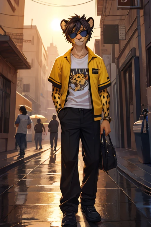 Cheetah, antro, male, solo, non-human, street clothes, Rain, younger, 20 years old, taller, messy hair, cheetah face, slim body, cheetah tail, sun glasses, black hair, little smile, furry, camiseta color amarillo, pantalon negro, ropa informal, chaqueta negra, cheetah face, street, like hands,