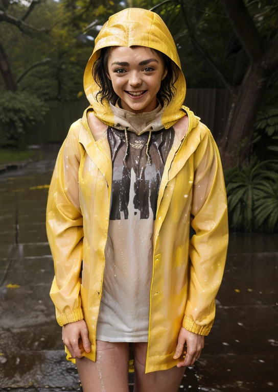 (Yellow Rain Jacket, baggy clothes:1.3) (hood:1.3)  (wet:1.3) to walk, Laughing, Mouth open,dressed, eyes are open, three-quarter portrait:1.3, Eyeliner, smile, white body, young, nipples, standing, back view, naked torso, pussy, ass, smiling, bending over, wet body 