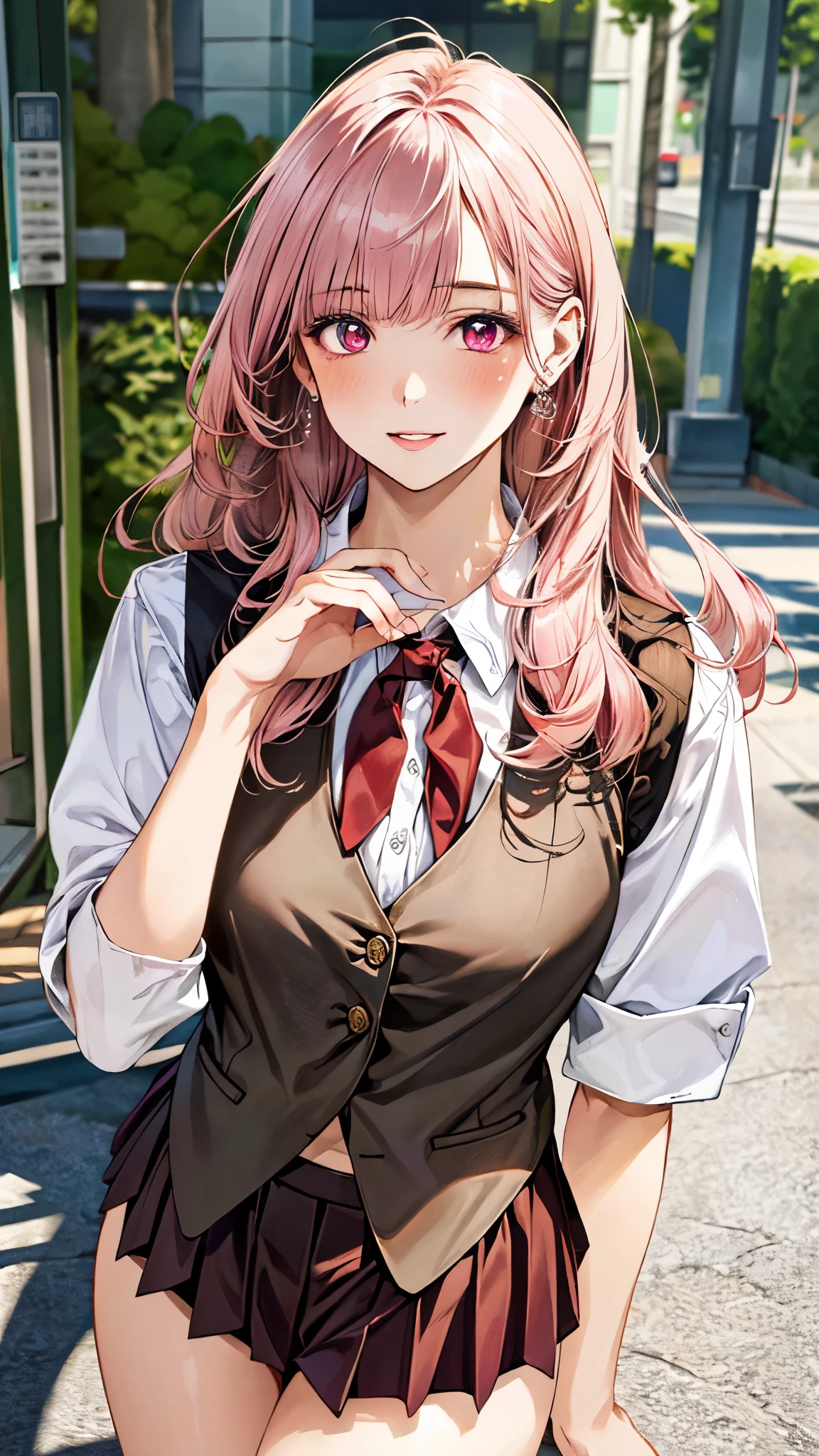 (masterpiece:1.3, top-quality, ultra high res, ultra detailed), (realistic, photorealistic:1.4), beautiful illustration, perfect lighting, natural lighting, colorful, depth of fields, surrealism,
beautiful detailed hair, beautiful detailed face, beautiful detailed eyes, beautiful clavicle, beautiful body, beautiful chest, beautiful thigh, beautiful legs, beautiful fingers, shiny skin, 
looking at viewer, 1 girl, japanese, 18 years old, (perfect anatomy, anatomically correct, super detailed skin), cute and symmetrical face, babyface, perfect face, perfect eyes, slender, 
(long hair:1.8, straight hair, pastel pink hair), blunt bangs, maroon eyes, slant eyes, long eye lasher, (medium breasts, seductive thighs), 
((detailed cloth texture, white collared shirt, brown suit vest, dark red pleated mini skirt, dark red neck ribbon)), 
(beautiful scenery), evening, (school hallway), standing, (lovely smile, upper eyes, parted lips),