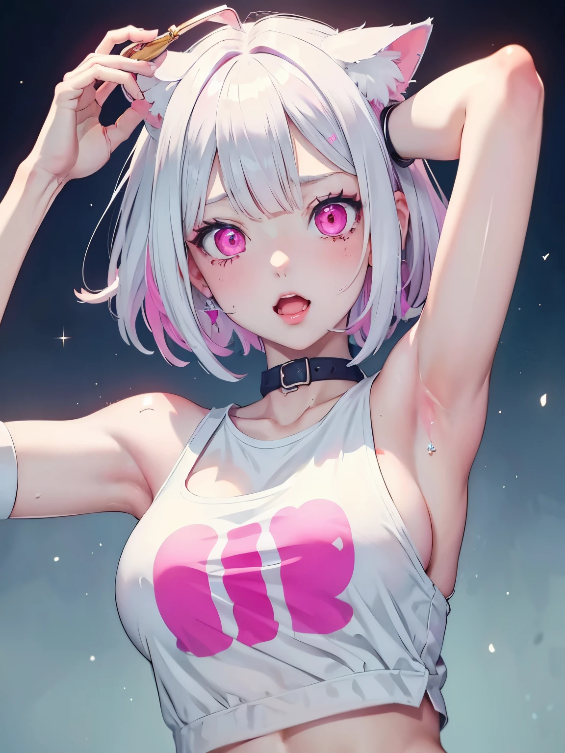 White hair. Short hair. Inner pink hair. Anime girl. Pink eyes. Glowing eyes. Nekomimi. Ahegao. T-shirt. Wet armpit