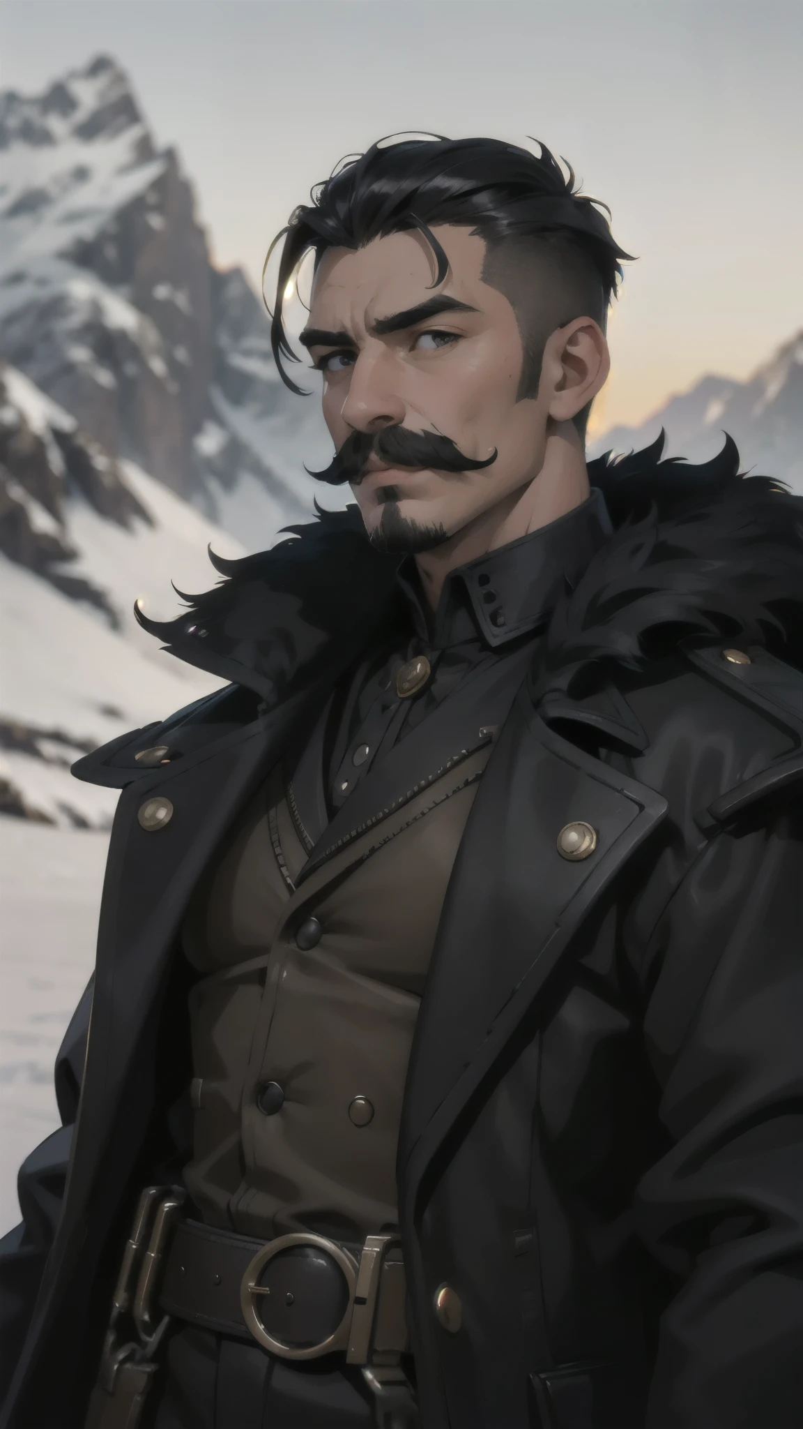 steampunk man, short hair, undercut, mustache, black fur coat, detailed face, early morning, snowy mountains, depth of field, blurry background
