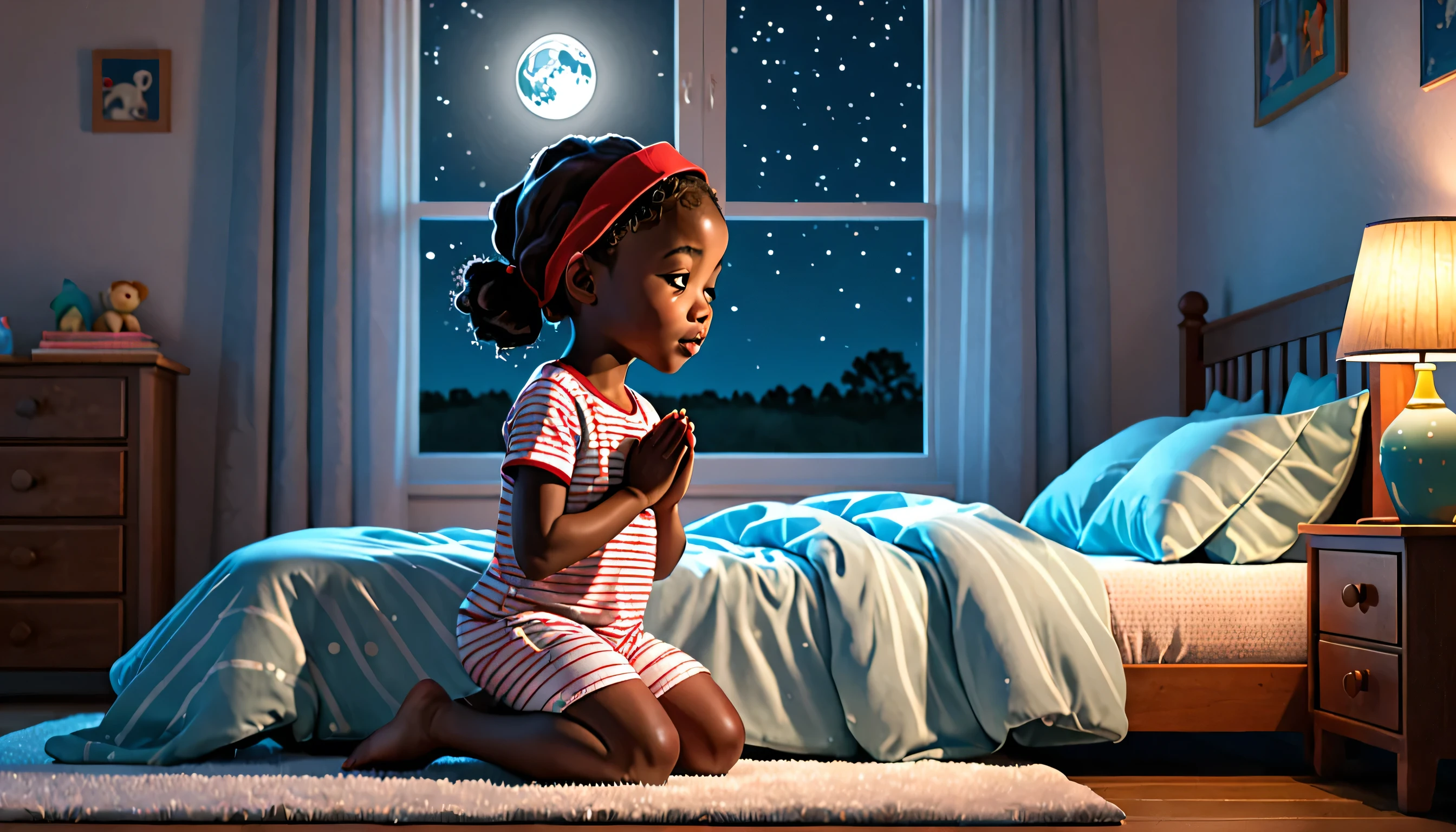 3d illustration of A young girl, black oily skin, 4y.o, African American, rose, oily skin, 8y.o, kneeling and praying in her bedroom, beside her bed, praying hands. Nighttime moon coming through the windows before bedtime. Red bonnet on her head. Back jn her in a pajama set, shorts and shirt, (white with thin black vertices stripes). As if saying bedtime prayers.