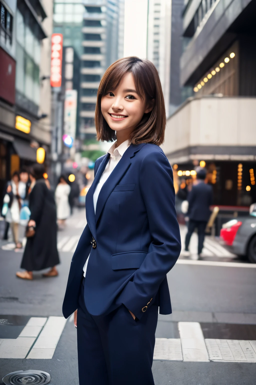 (8k, highest quality, masterpiece, Ultra-high resolution, High resolution face: 1.3), Portraiture, (25-year-old woman: 1.3), beautiful, cute, Japanese,Brown Hair ,Bob Hair, Half Up, OL,Navy blue suit ,Summer clothes, Bokeh, Cowboy Shot, A light smile, Fearless smile,Alluring,sexy , Standing on the street in Marunouchi ,High nose,Beauty,Idol,model,Pull screen,Half the screen is background,Standing a little far away