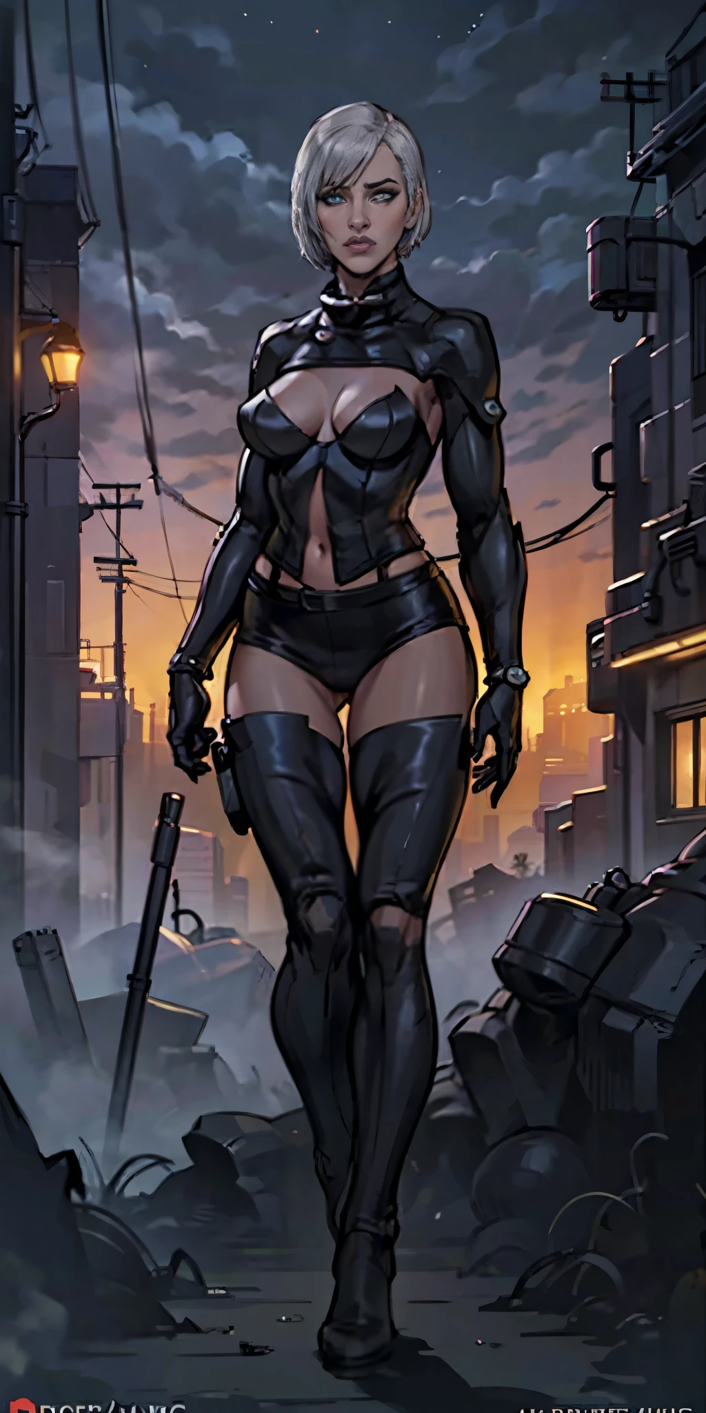 female adventurer white silver short bob hair cut, full body, game art style, (masterpiece), colorful clothing, scarves, leather belts, half skirt over pants and boots, flowing blouse and leather corset, best quality, highres, 4k, 8k, Detailed Illustration, intricate detail, cinematic lighting, amazing quality, 1girl, fit female, amazing shading, soft lighting, facing camera, perfect eyes, gantz suit armor torn apart