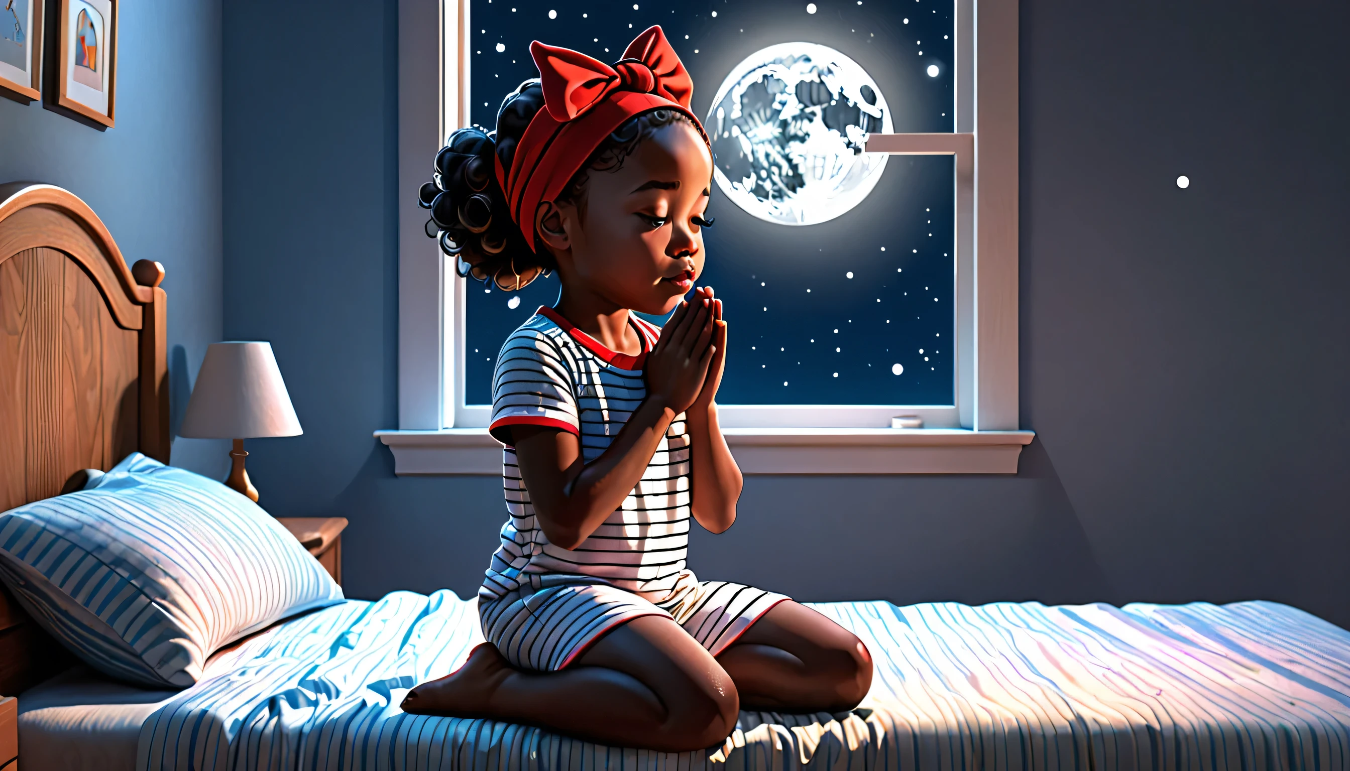 3d illustration of A young girl, black oily skin, 4y.o, African American, rose, oily skin, 8y.o, kneeling and praying in her bedroom, beside her bed, praying hands. Nighttime moon coming through the windows before bedtime. Red bonnet on her head. Back jn her in a pajama set, shorts and shirt, (white with thin black vertices stripes). As if saying bedtime prayers.