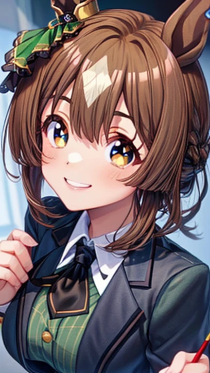 Satono Diamond\(umamusume\), ((highest quality)), ((masterpiece)), (detailed), (Character Focus、breast focus), (One Girl: 1.5)、4k、((Symmetrical facial features)), Anime 2D Rendering, Realistic young anime woman,
Perfect Face, (Anime eyes:1.2、Beautiful fine details、Shining Eyes), Beautiful body, Beautiful thighs, Beautiful feet, White beautiful skin、Perfect round butt、 Slightly larger breasts、20-year-old、
Red hair、(Short Perm Hair)、dark red eyes、Earrings、
(Black ribbon tie), (white collar dress shirt), (Black suit jacket:1.4), (black suit vest:1.4)、(Black shiny pencil mini skirt:1.4)、(Black Pantyhose:1.4)、(Black High Heels)
Captivating smile、turn around、office