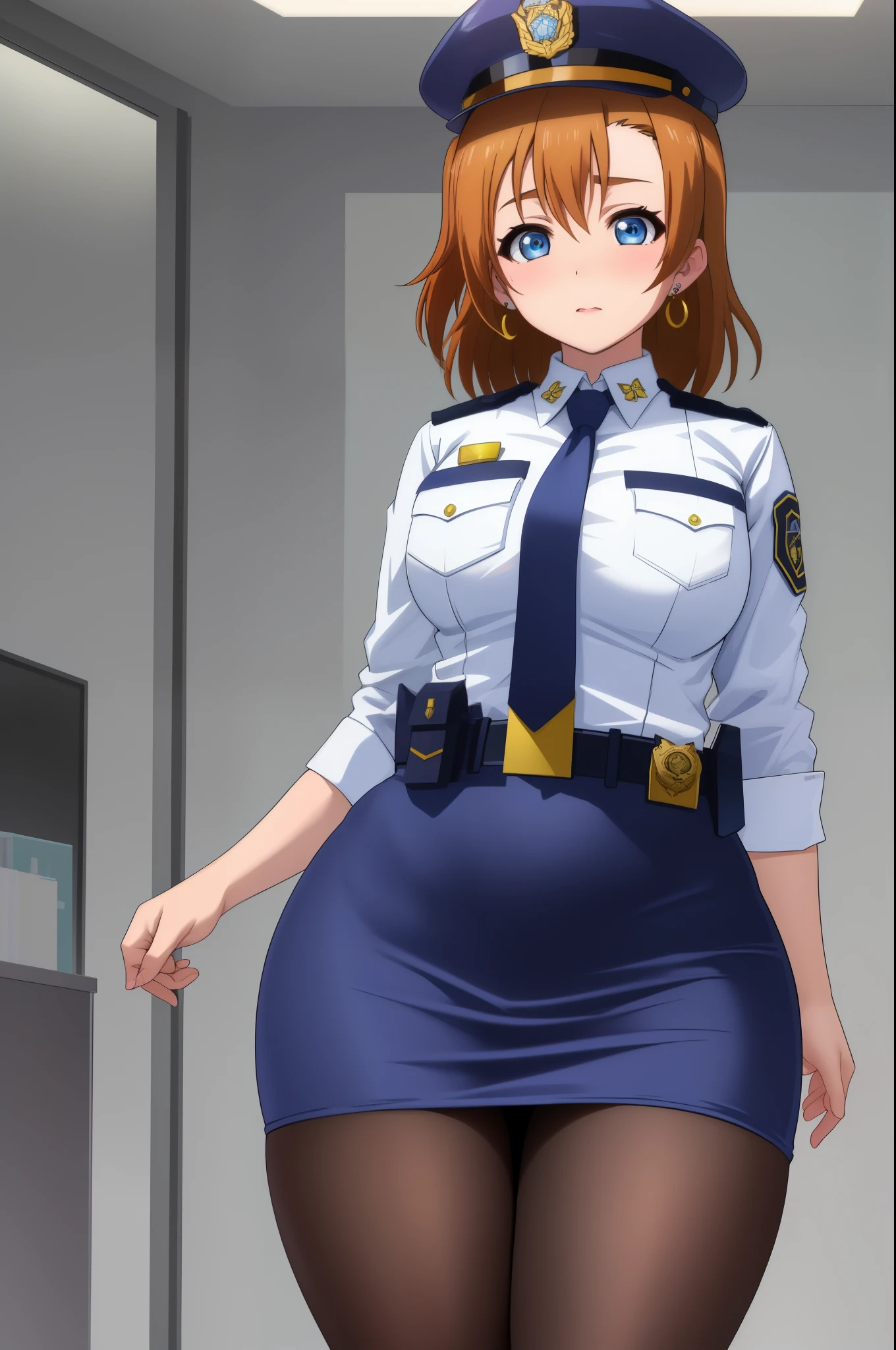 Masterpiece, best quality,(detailed face), kousaka honoka, blue eyes,curvy hourglass body , narrow waist,white shirt,half sleeves,earrings, pencil skirt, necktie , standing, police cap,in police station, cowboy shot, thighs, wide hips , solo ,belt, pantyhose , skin tight