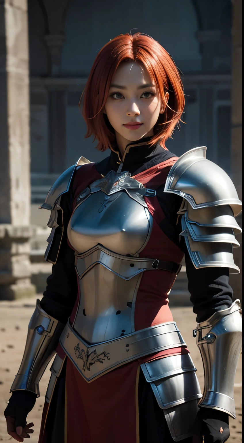 8k, best quality, highres, realistic, real person, A solitary warrior in a suspicious arena setting, without the demon lord. The warrior, lightly armored and with a sly smile, wields a large, ornately decorated axe. They have short red hair. The background is a mysterious and ominous arena, with a sense of danger and suspense. The lighting is dim and dramatic, enhancing the warrior's intense and cunning appearance.