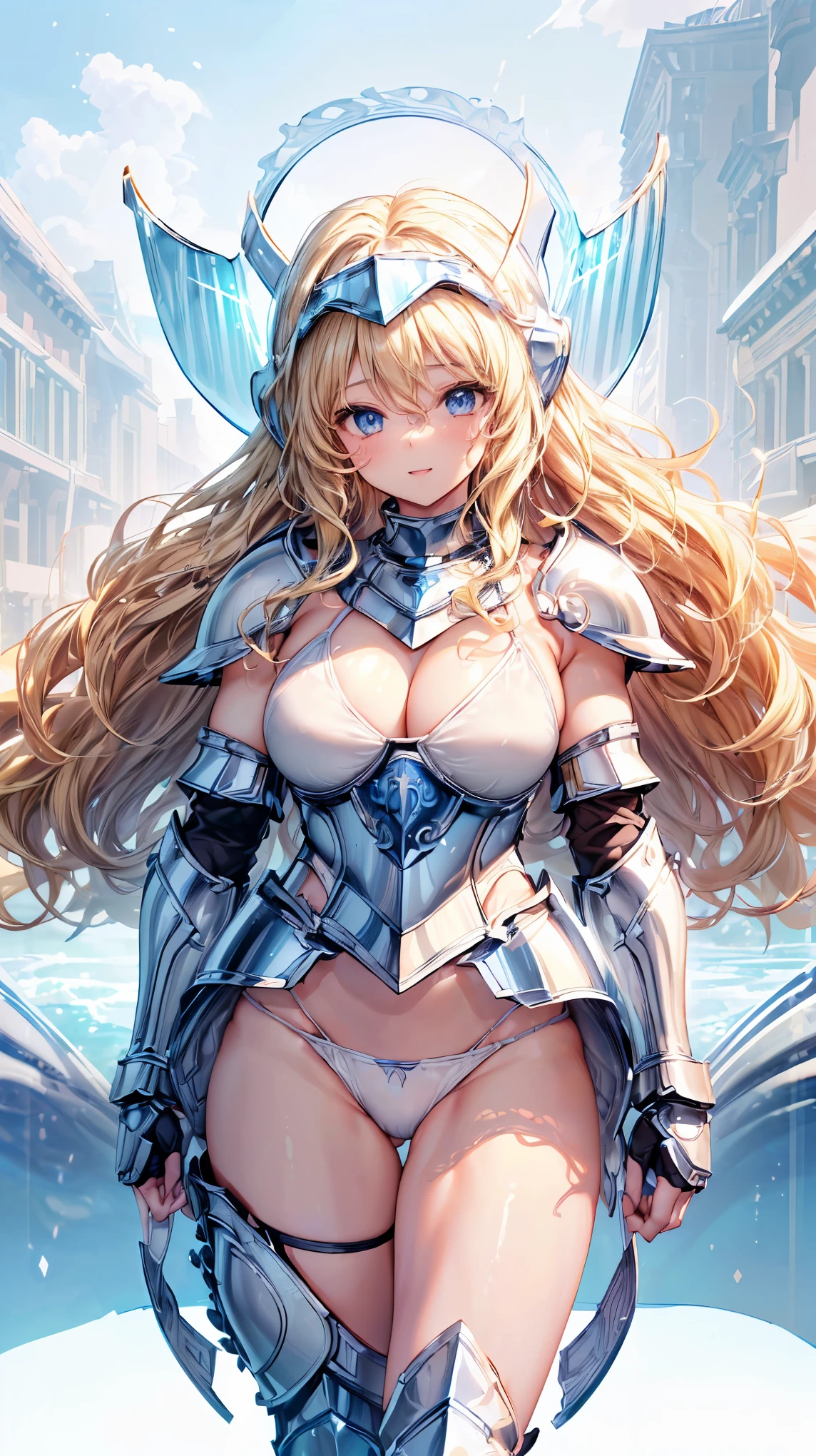 (Adult women:1.5)、Very detailed、highest quality、Best image quality、masterpiece、8k、Anime Face、A kind smile、Open your mouth、Sparkling blue eyes、(Blonde Wavy Hair:1.5)、、Muscles of the whole body、T-back thong、Thigh belt、(Wearing white bikini armor:1.5)、(Cowboy Shot:1.5)、(Leg armor:1.5)、(Wearing a helmet:1.5)
