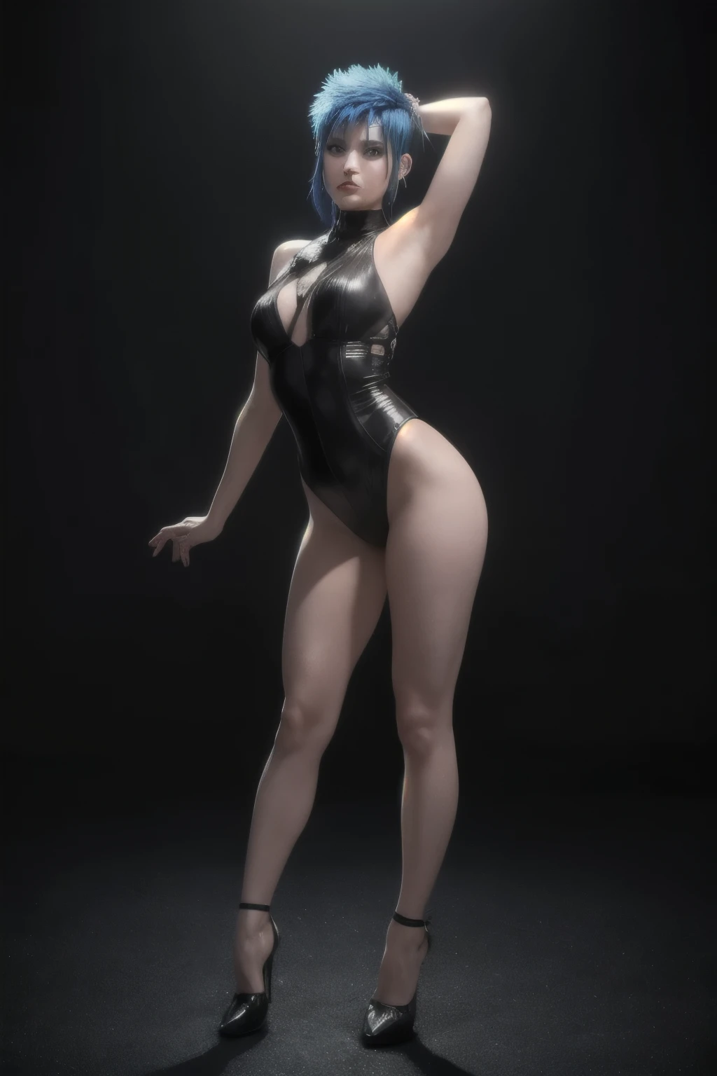 (best quality, highres, ultra-detailed:1.2), (realistic, photo-realistic:1.37), (HDR), (professional), (vivid colors), (bokeh), (portraits), (concept artists), (photography), (Mohawk haircut), (Woman), (leather leotard), (dark dance floor), (posing for a photo), (black make-up), (sensual pose), (fetish fashion), (techno aesthetic), (studio lighting), (sharp focus), (ultra-fine painting), (physically-based rendering), (extreme detail description), (UHD), (landscape), (sculpture), (dramatic shadows), (colorful neon lights), (dynamic composition), (expressive brushwork), (stunning contrast), (ethereal atmosphere), (emotional impact), (abstract forms), (rich textures), (subtle gradients), (captivating motifs), (intricate patterns), (hairstyle), (provocative), (leather accessories) crazy sexy shuffle dance