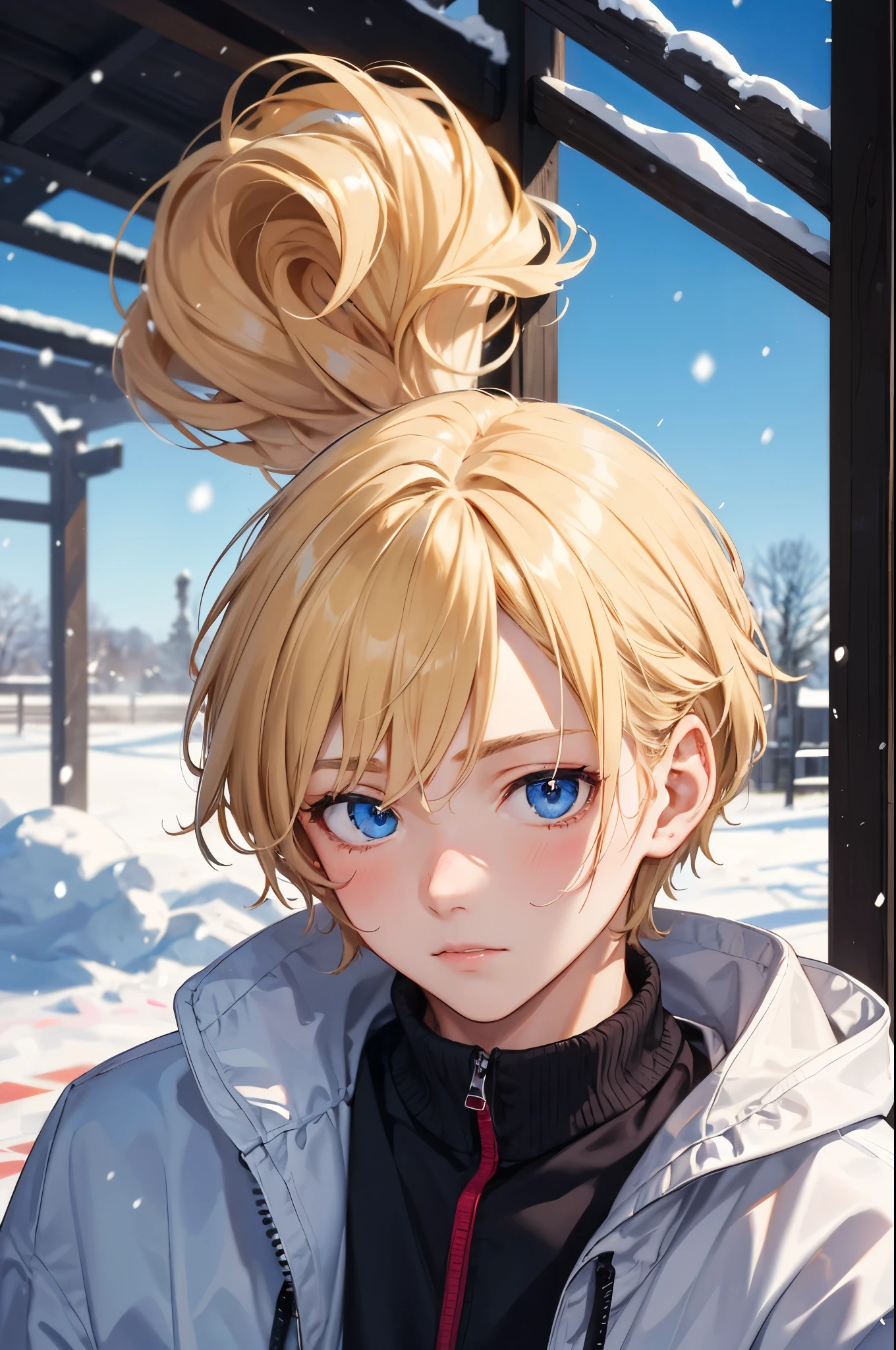 Portrait of a beautiful European boy,alone,,Beautiful Face,Curl Cut, Blonde, Sharp focus,snow day,boy,from the front,Look forward,Upper Body,blue eyes,