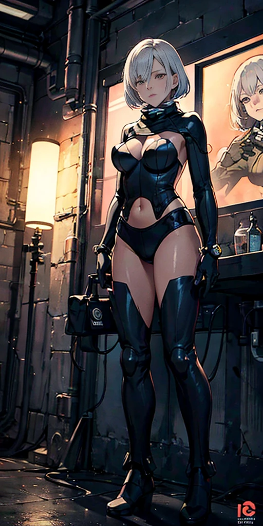 female adventurer white silver short bob hair cut, full body, game art style, (masterpiece), colorful clothing, scarves, leather belts, half skirt over pants and boots, flowing blouse and leather corset, best quality, highres, 4k, 8k, Detailed Illustration, intricate detail, cinematic lighting, amazing quality, 1girl, fit female, amazing shading, soft lighting, facing camera, perfect eyes, gantz suit armor torn apart