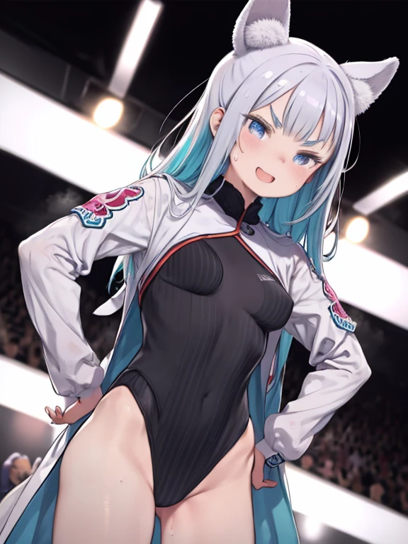 masterpiece、highest quality、High resolution、Very detailed、Medium wide shot、Girl、leotard、Colorful Costumes、gown、Professional wrestler、Women's Pro Wrestling、Hands on hips、laughing、V-shaped eyebrows、Sweating profusely、Sweat flying、