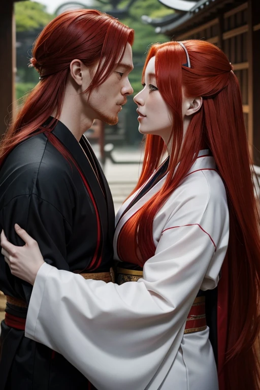 A red-haired man with a ninja suit and a red-haired woman with long hair in a kimono who are from a clan from ancient Japan. The two are cousins as a couple, both are young, hugging or kissing. 