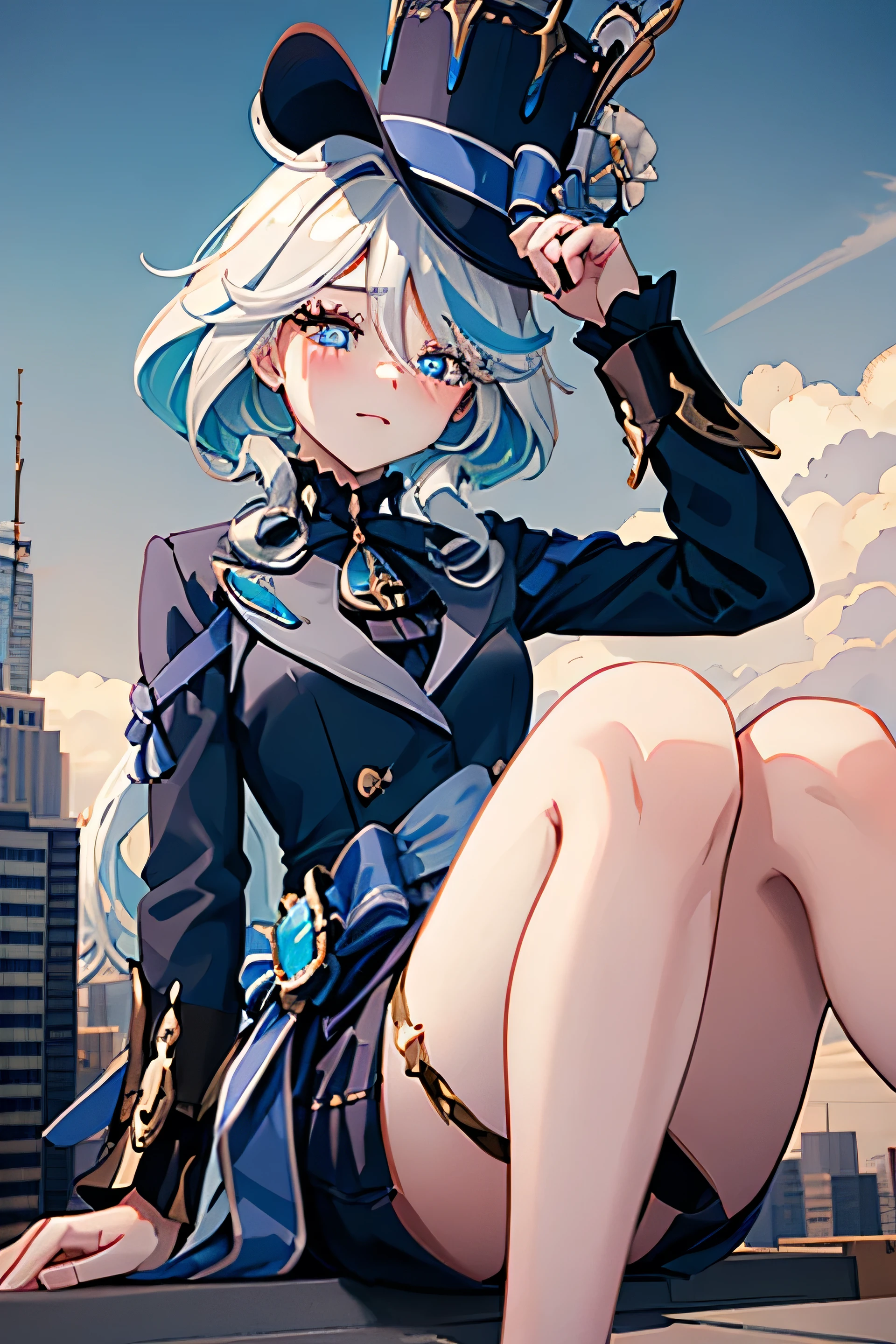 GTS girl sitting on the city,Forrina,Long hair,hair covering one eye,((Gradient hair)),Colored eyes, Gradient eyes, (Glowing eyes:1.5), mascara, (Fashion Makeup), Open it,blush,Hat Flower,helpless