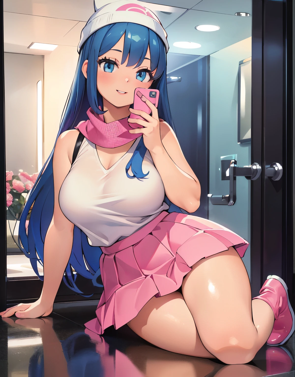 (best quality,4k,8k,highres,masterpiece:1.2),ultra-detailed,(realistic,photorealistic,photo-realistic:1.37)highres,portrait,beautiful girl,taking a selfie in a public bathroom mirror, full body,glossy reflection,\(pokemon\), beanie, long hair, blue hair, blue eyes, detailed eyes, beautiful eyes, black sleeveless shirt, pink scarf, pink skirt, pink boots, body shape, chubby thighs, down blouse,[metallic mirror],vibrant colors,soft lighting,hint of mystery,subtle smile,stylish outfit,impressive attention to facial details,expressive eyes,luscious lips,long eyelashes,shiny hair flowing down,urban backdrop,modern ambiance, nsfw