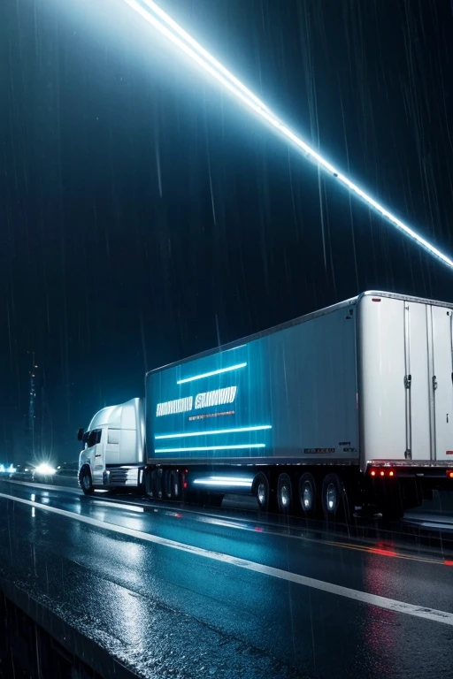 futuristic semi trailer, highway, raining, driving at night