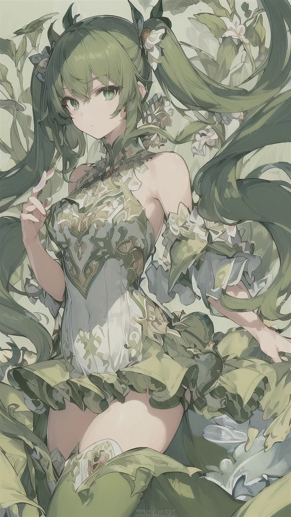 (((masterpiece))),(((bestquality))),((ultra-detailed)),(illustration),((anextremelydelicateandbeautiful)),dynamicangle,floating,(beautifuldetailedeyes),(detailedlight) (1girl), solo, floating_hair,glowingeyes,green hair,greeneyes, twintails, halterdress, atdan, green background,