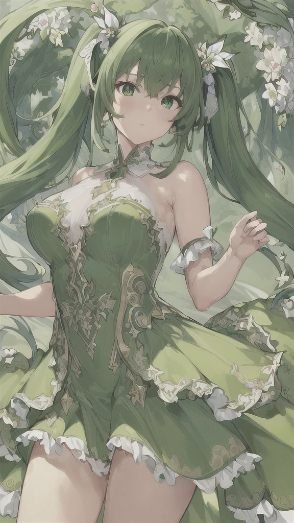 (((masterpiece))),(((bestquality))),((ultra-detailed)),(illustration),((anextremelydelicateandbeautiful)),dynamicangle,floating,(beautifuldetailedeyes),(detailedlight) (1girl), solo, floating_hair,glowingeyes,green hair,greeneyes, twintails, halterdress, atdan, green background,