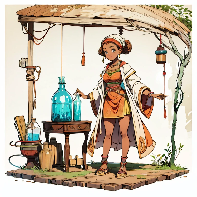 African woman in antiquity period doing chemical experiments 