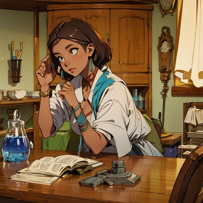 African woman in antiquity period doing chemical experiments