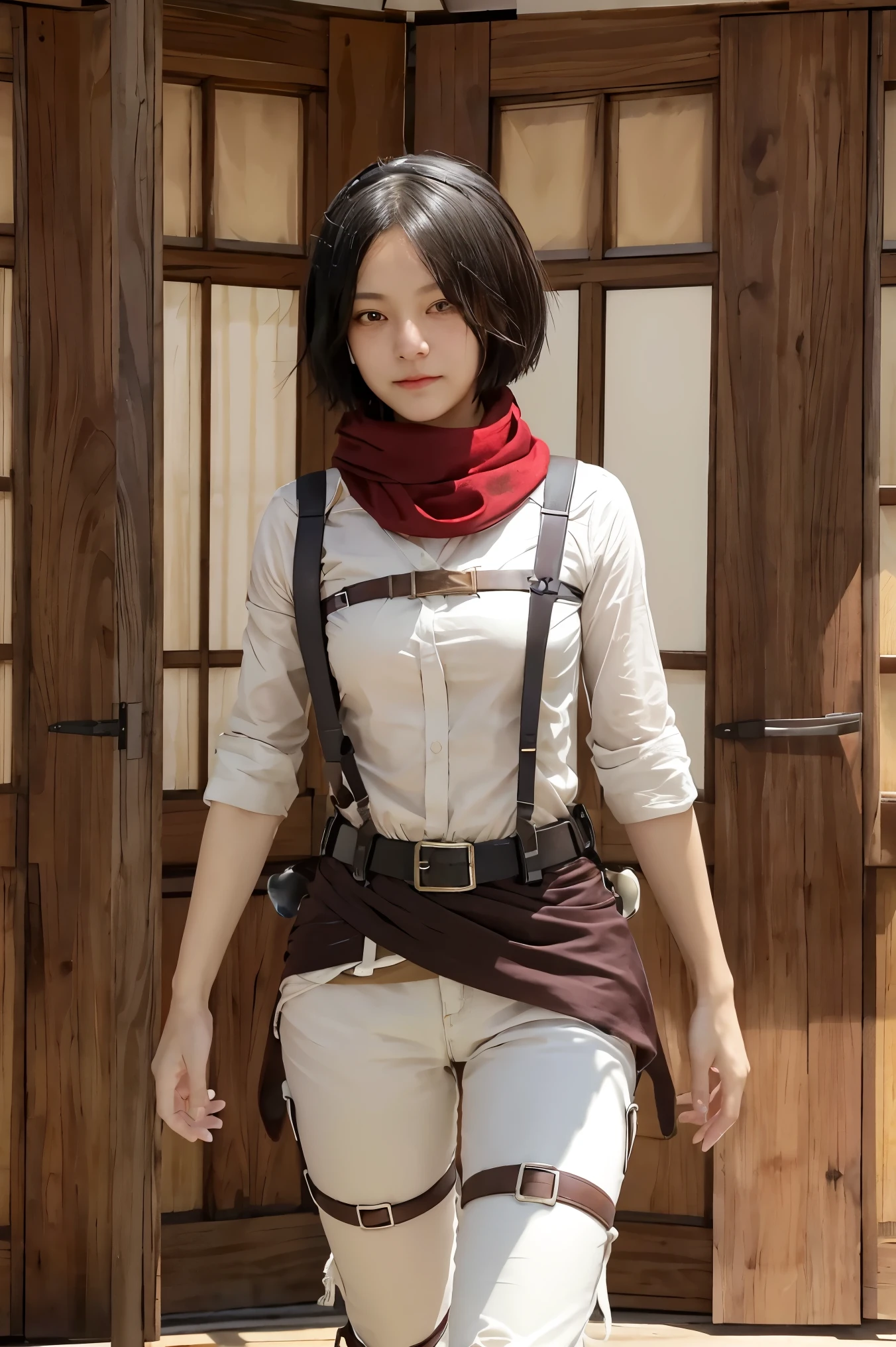 master part, best quality, Altas, Hmmikasa, short hair, olhos s, echarpe, emblema, belt, thigh strap, red scarf, white pant, jaqueta marrom, mangas compridas, segurando arma, espada, ao ar livre