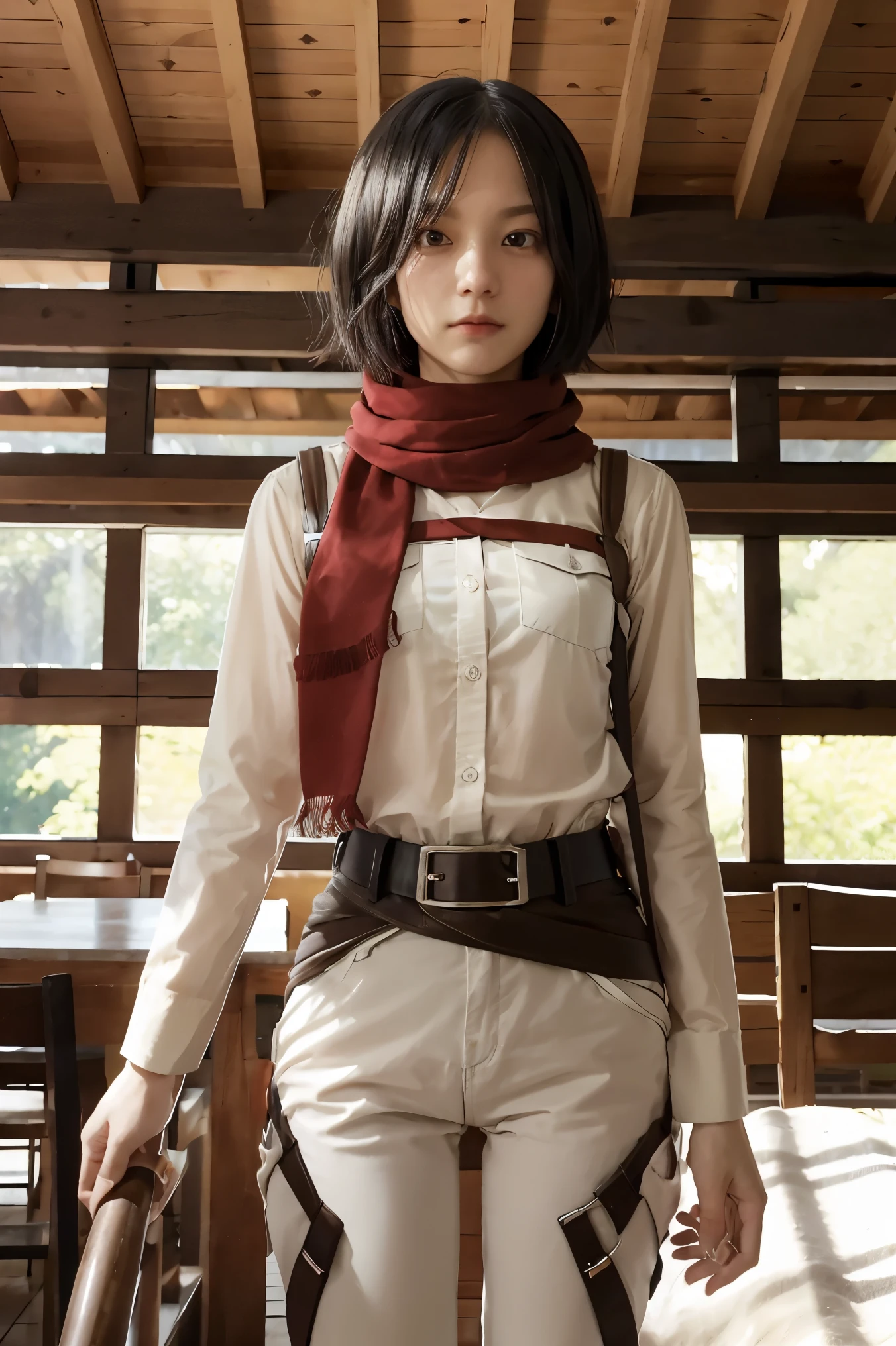 master part, best quality, Altas, Hmmikasa, short hair, olhos negros, echarpe, emblema, belt, thigh strap, red scarf, white pant, jaqueta marrom, mangas compridas, segurando arma, espada, ao ar livre