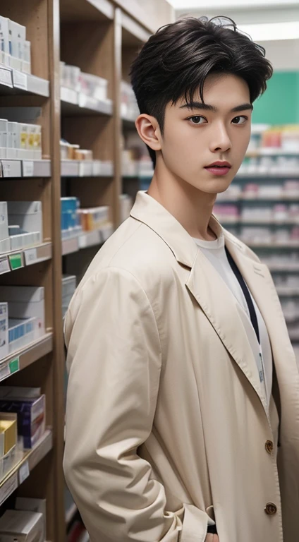 A asian boy,19 years old, handsome, Full Body Shoot, Short Quiff hairstyle, (eyes contact), look at camera, detailed facial parts, Manly, with a muscular constitution :: high detail, is in clinical coat, holding a box of medication, in a pharmacy, surreal, fantasy, magical, intricate details, (dynamic upper body posture: 1.1), depth of field. Best quality, masterpiece, ultra high resolution, (anime realism, photorealistic: 1.4), perfect composition, centered, symmetry