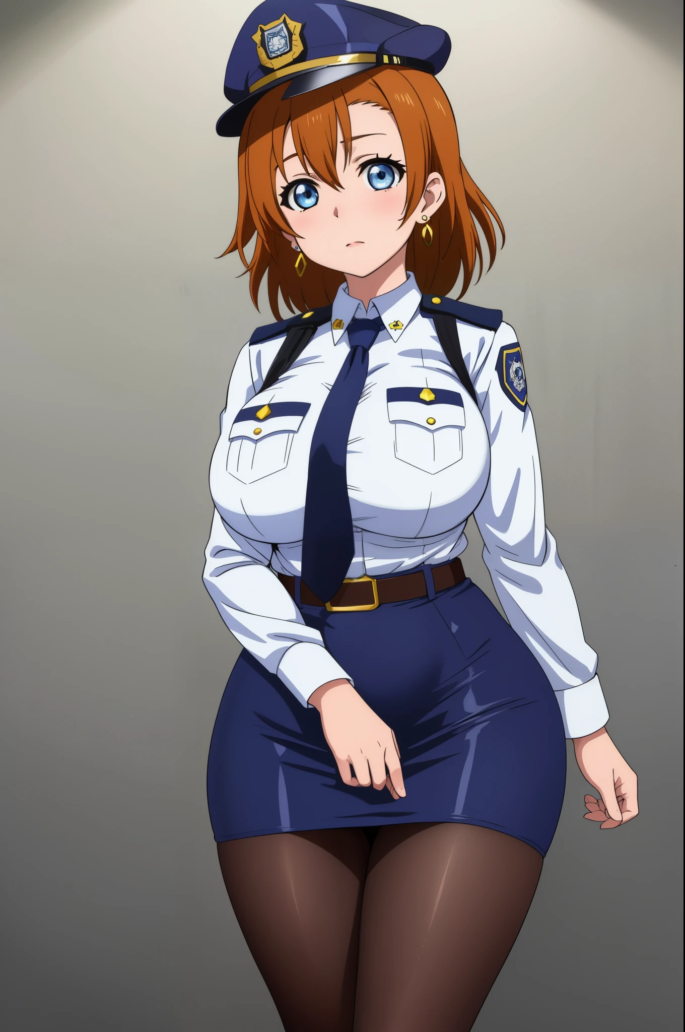 Masterpiece, best quality,(detailed face), kousaka honoka, blue eyes,curvy hourglass body , narrow waist,white shirt,half sleeves,earrings, pencil skirt, necktie , standing, police cap,in police station, cowboy shot, thighs, wide hips , solo ,belt, pantyhose , skin tight  , breasts, big breasts 