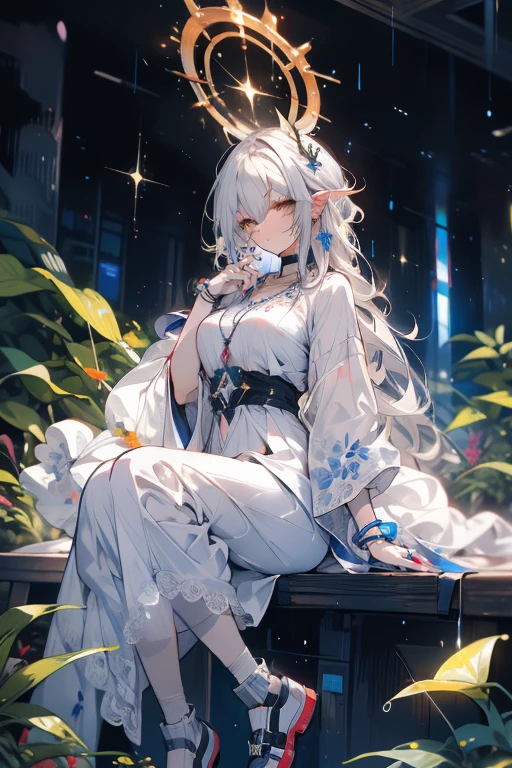 （（（masterpiece）））， （（（best quality））））， official art， Extremely detailed CG unified 8k wallpaper， （（sketch）））， night， rain， beautiful detailed sky， galactic，starry sky background，beautiful and delicate water， Game CG， Huge file size， sketch， Report， angelic， long gray hair， combed blonde hair， wet hair， hair between eyes， hair behind ears， Carefree eyes and white eyelashes， yellow eyes， half closed eyes， footwear， halo， Cross necklace， look down， sitting， Hold the long leather hair， leaf hair accessories， in the forest， lakeside， （（Big breasts）））， （（（ white robe）））， long sleeve dynamo， White eye mask， Elf ears and golden wings are more yellow
