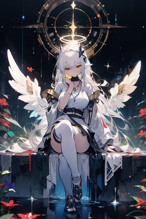 (((masterpiece))), (((best quality)))), official art, Extremely detailed CG unified 8k wallpaper, ((sketch))), night, rain, beautiful detailed sky, galactic,starry sky background,beautiful and delicate water, Game CG, Huge file size, sketch, Report, angelic, long gray hair, combed blonde hair, wet hair, hair between eyes, hair behind ears, Carefree eyes and white eyelashes, yellow eyes, half closed eyes, footwear, halo, Cross necklace, look down, sitting, Hold the long leather hair, leaf hair accessories, in the forest, lakeside, ((Big breasts))), ((( white robe))), long sleeve dynamo, White eye mask, Elf ears and golden wings are more yellow