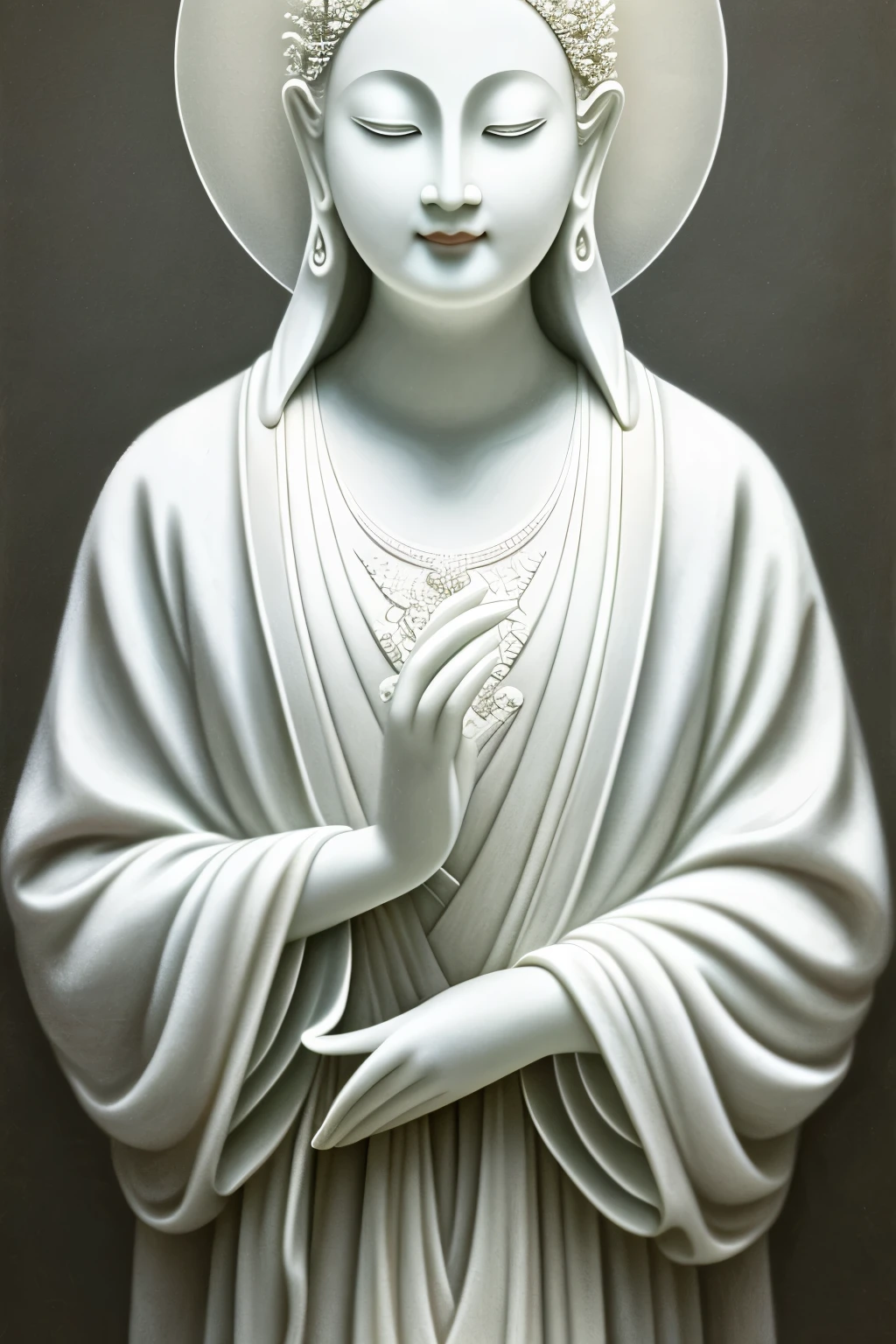 Serene and tranquil portrait of an ageless, divine figure, representing the peace of God, rendered with intricate detail and realism. The subject, dressed in radiant white robes, exudes a sense of calm and wisdom. The hands are delicately placed at the chest, as if in prayer or benediction. The gentle, warm light bathes the figure from above, casting gentle shadows and giving depth to the texture of the robes and the subtle curves of the face. The background is both simple and evocative, featuring soft, pastel hues, conveying a sense of inner peace and spiritual enlightenment. The overall impression is one of tranquility, grace, and reverence