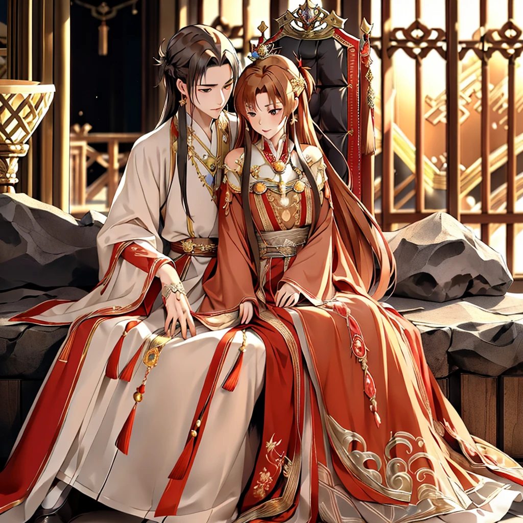 ((highest quality)), ((masterpiece)), (detailed), Perfect Face、Yuuki Asuna、Brown Hair、Hanfu、Gorgeous embroidery、cuddling with a man、((Man and woman sit side by side on the palace throne))、Gorgeous Phoenix Crown、The woman is wearing a gorgeous court costume.、Woman has a happy face、Gorgeous hair ornament、Earrings、necklace、Bracelet、Luxury accessories、The woman is the empress、The man is the prince、She hugs the man and presses her face against his chest.、Man hugs woman