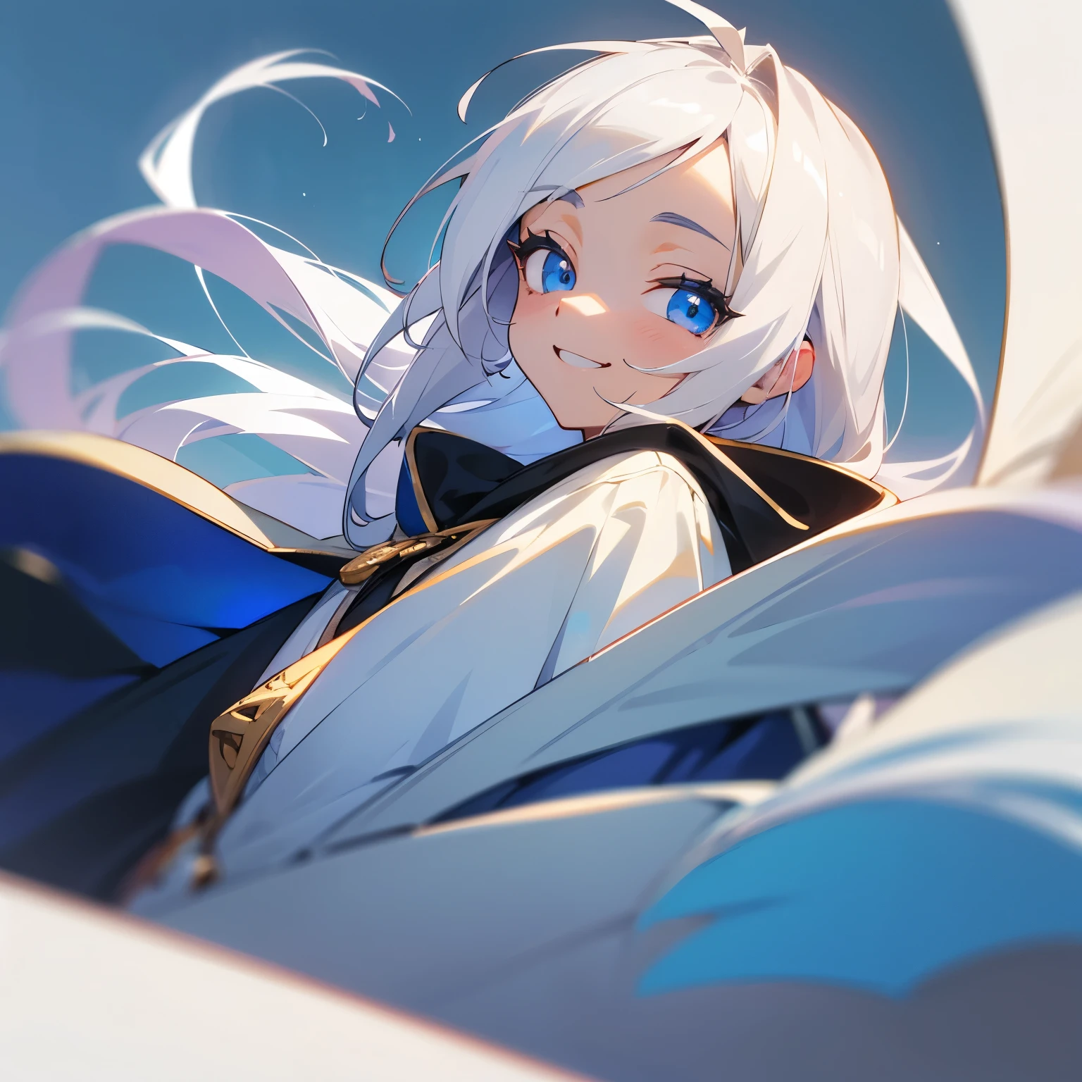 masterpiece, exquisite, beautiful, best quality, woman, semi long, white hair, blue eyes, fair skin, hoodie, 20-year-old, kawaii, cel anime, from front, white background, no background, eyes open, wide view, looking ahead, wide shot, wide shot, smiling, cheerful grin, big eyes, flat background, half body photo, headshot, glad, delightful, happy, wink