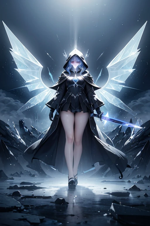 (Obra maestra:1.2), Mejor calidad, (illustration:1.2), (ultra detallado), hiper detalles, (delicado detallado), (detalles intrincados), (cinematic light, Mejor calidad Backlights), Delete line, desde abajo, solista, Cuerpo perfecto, (1 chica), A shrouded cyber hooded figure engulfed in swirling (((smoke))), its features concealed but the power of a massive (((flame-tipped sword))), poised as if to strike, evoking a sense of ominous foreboding. Around it, giant (((translucent crystal wings))), made of (((light magic))), glow softly as they face the camera, (constituir), alto contraste, (mejor iluminacion, un extremadamente creado y hermoso), (cinematic light), vistoso,