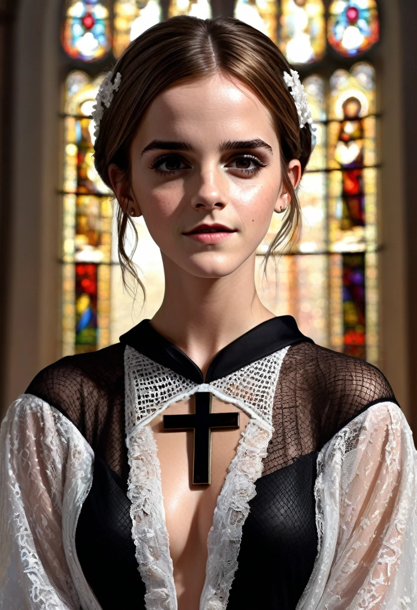 Emma Watson kiss big black crucifix , white goo dripping down her face and body, in relevant fishnet nun robe on high heels, she hug big black crucifix in church, she is drunk, happy and laughing. (((Masterpiece))), (((Full-length))), (((Highly detailed faces))), (Crowd)), (((Best quality))), (((Ultra-detailed))), (Very detailed computer illustration)), (((Very delicate and beautiful))), Cinematic light, (Character focus))