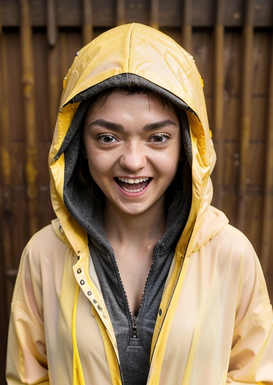 (Yellow Rain Jacket, baggy clothes:1.3) (hood:1.3)  (wet:1.3) to walk, arya stark, Laughing, Mouth open,dressed, eyes are open, three-quarter portrait:1.3, Eyeliner, smile, white body, young, flat torso, nipples, standing, naked torso, pussy, ass, smiling, bending over, wet body , full body view, upskirt focus view, under view, back view