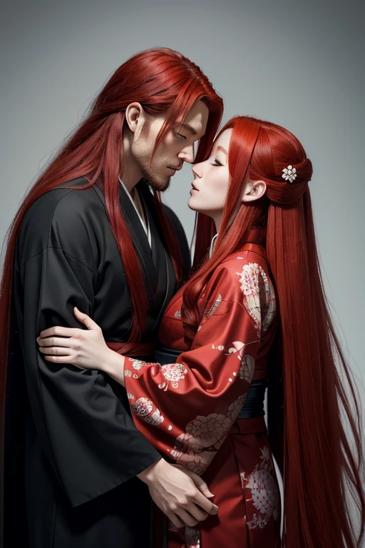 A red-haired man with medium-long hair in a ninja suit and a red-haired woman with long hair in a kimono who are from a clan from ancient Japan. The two are cousins as a couple, both are young, hugging or kissing. 