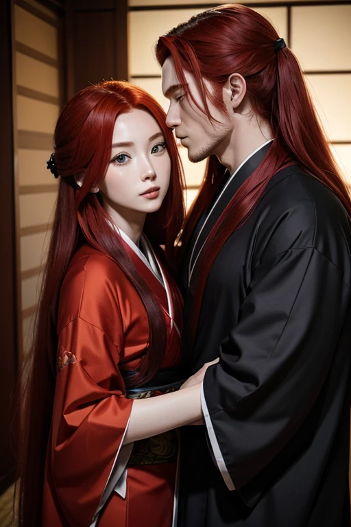 A red-haired man with medium-long hair in a ninja suit and a red-haired woman with long hair in a kimono who are from a clan from ancient Japan. The two are cousins as a couple, both are young, hugging or kissing. 