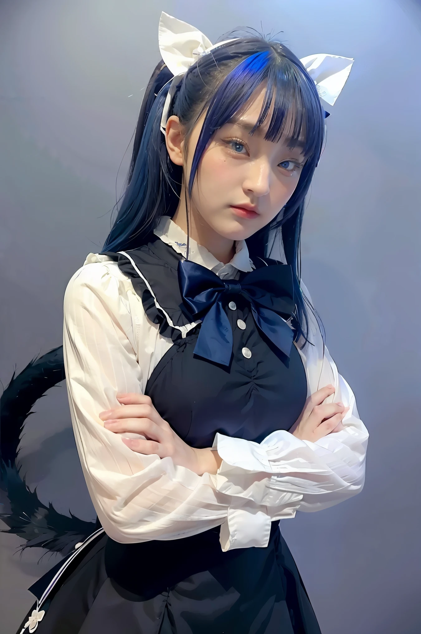 1girl, frederica bernkastel, bangs, blue bow, blue hair, blunt bangs, bow, breast hold, cat tail, crossed arms, dress, long hair, long sleeves, purple eyes, simple background, solo, tail bow, tail ornament, tail raised, tail ribbon