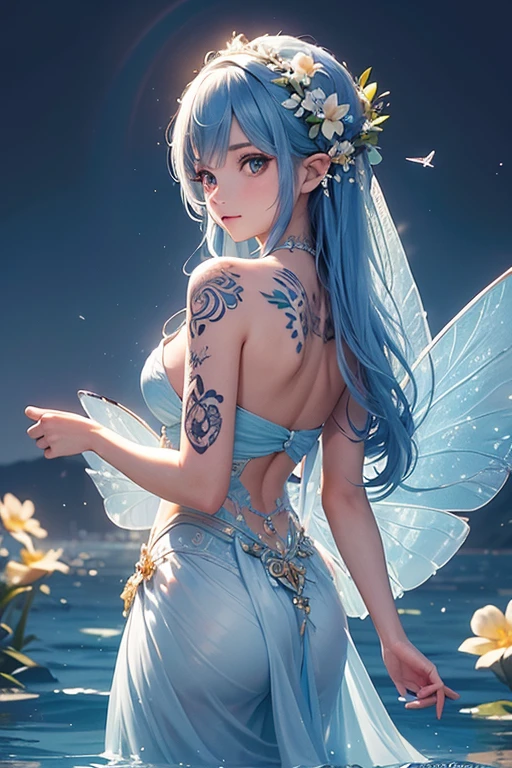 (Obra maestra:1.2), Mejor calidad, (illustration:1.2), (ultra detallado), hiper detalles, (delicado detallado), (detalles intrincados), (cinematic light, Mejor calidad Backlights), Delete line, desde abajo, solista, Cuerpo perfecto, (1 chica), A (((water fairy))) with intricate ((tattoos)) featuring ornate designs and flowing gems, paired with delicate ((Daysi flowers)) that radiate vivid color in high definition, (constituir), alto contraste, (mejor iluminacion, un extremadamente creado y hermoso), (cinematic light), vistoso,